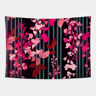 PINK FUCHSIA FLOWERS AND BLUE GREEN BLACK STRIPES Antique Japanese Floral Tapestry