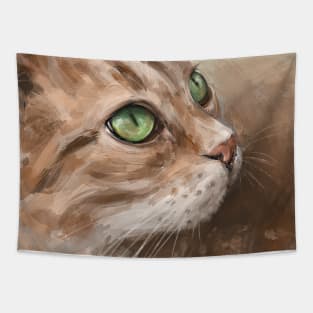 Painting of a Blonde Cat with Bright Green Eyes Looking to the Side Tapestry