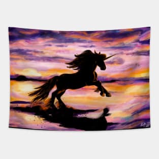 Black Unicorn at Sunset Beach Tapestry