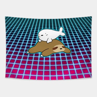 Baby Harp Seal and Sloth Vaporwave Tapestry