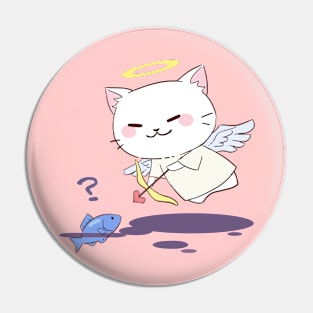 Cute Chibi Angel Cat Hunting Fish Pin