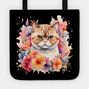 An exotic shorthair cat decorated with beautiful watercolor flowers Tote