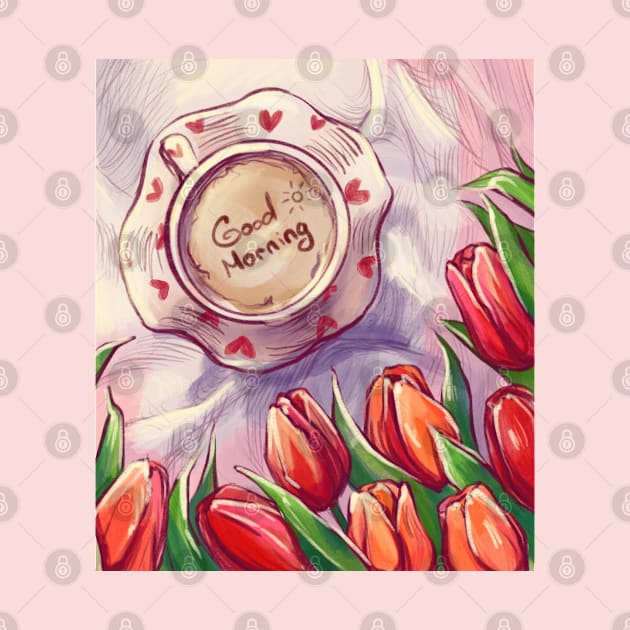 Illustration artwork with coffee red tulips flowers by Elishas art original 