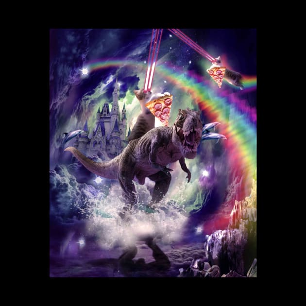 Rainbow Laser Space Cat On Dinosaur Eating Pizza by Random Galaxy