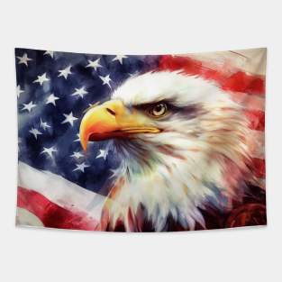 Bald Eagle portrait with United States of America flag background watercolor Tapestry