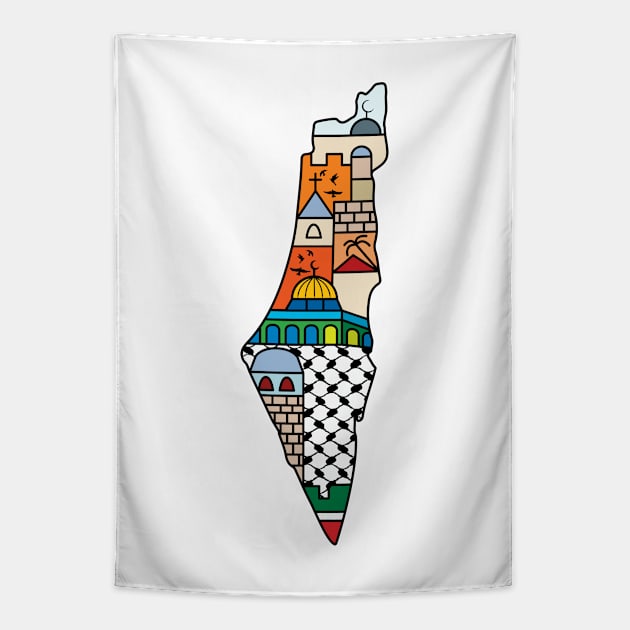 I Love Palestine My Homeland Palestinian Map with Kufiya Hatta Pattern and Most Sacred Cites In Jerusalem -blk Tapestry by QualiTshirt