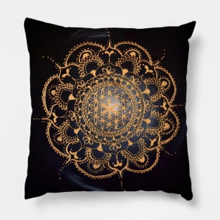 Flower of life mandala gold on black Pillow