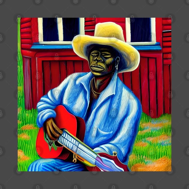 An artistic impression of a blues musician from the Mississippi delta playing guitar. by Musical Art By Andrew