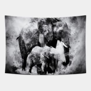 African Elephants with baby elephant calf - Black and White Watercolor Tapestry