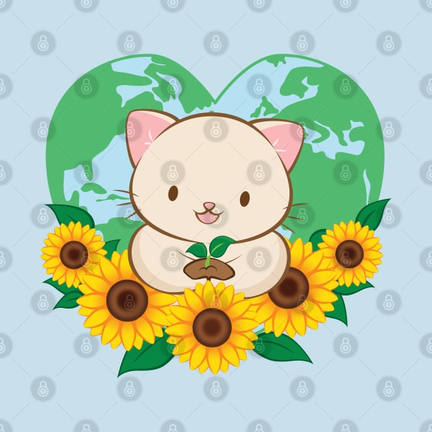 Love Our Planet Cute White Cat and Sunflowers Kawaii Earth Day by Irene Koh Studio