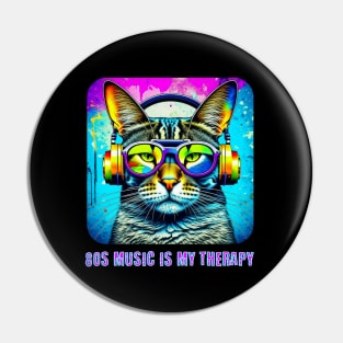 80s Music is my Therapy Neon Cat with Headphones Pin