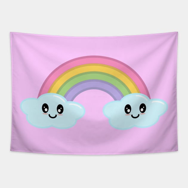 Kawaii Cute Happy Rainbow and Clouds in Pink Tapestry by Kelly Gigi