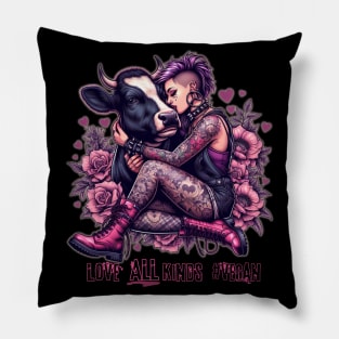 Punk Rock Goth Vegan Girl and Cow Pillow