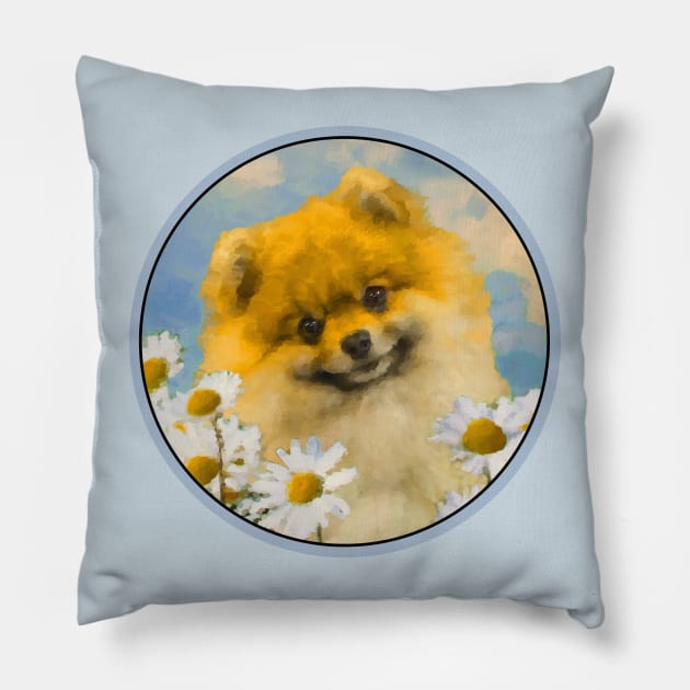 Pomeranian in Daisies (Orange) Pillow by Alpen Designs