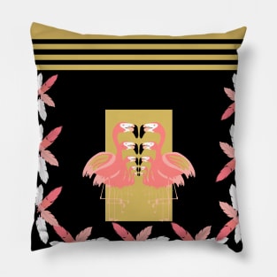 Black and Pink Art Deco Flamingos with a Golden Color Pillow