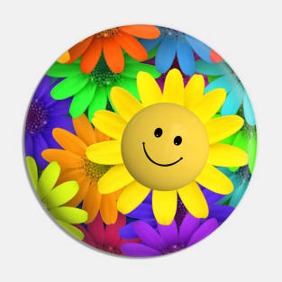 Colorful Flowers and Happy Face Pin