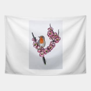 Robin And Peach Blossoms Tapestry