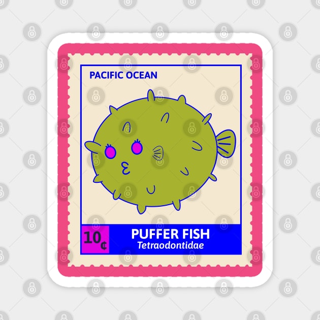 Kawaii Cute Kissy Pufferfish, Ocean Stamp Collection, Pufferfish Lover Magnet by vystudio