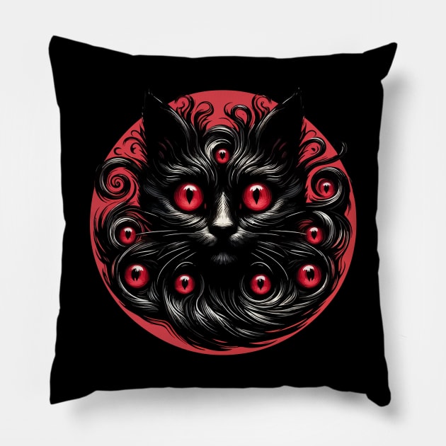 Spooky Abstract Black Cat Demon With Many Eyes Pillow by TomFrontierArt