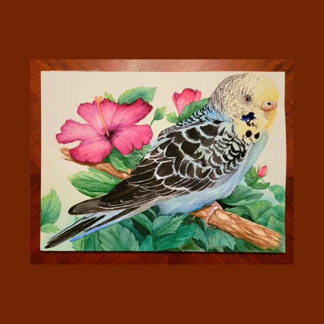 Blue and Yellow Budgie with Hibiscus by ChaneyAtelier