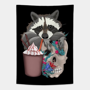 Raccoon with yummy and a skull in flowers Tapestry