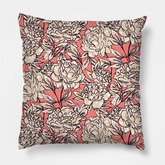 Coral and Peach Leopard Peonies Pillow by Carolina Díaz