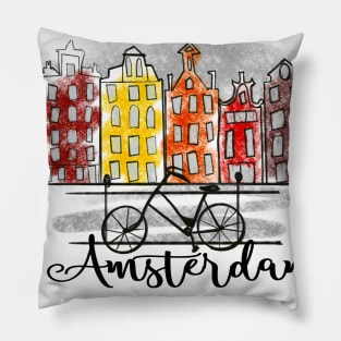 Color splash Amsterdam skyline and bicycle Pillow