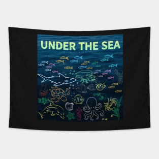 under the sea,blue sea,sea creatures,Turtle, puffer fish, starfish, shrimp, shark, tropical fish, sea horse, seaweed, sardines, squid, crabs, clams Tapestry