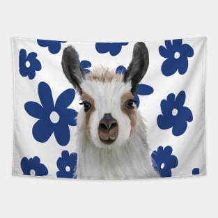 Llama | Blue Retro Flowers | Llama Lovers Gift Tapestry