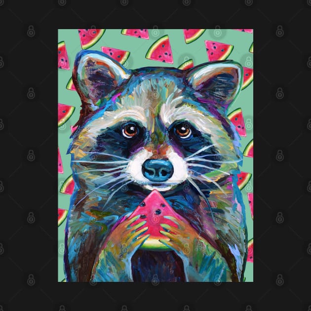 Cute RACCOON WITH WATERMELON STICKER by RobertPhelpsArt