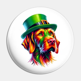 Wirehaired Vizsla in Leprechaun Hat for St Patrick's Day Pin
