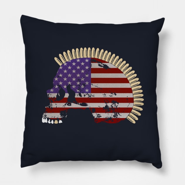 Skull with Mohawk of Bullets in Vintage American Flag Pattern Pillow by RawSunArt