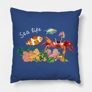 seabed with red crab, algae and fish Pillow