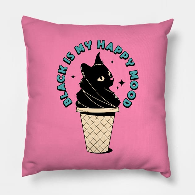 Ice Cream Black Cat in pink Pillow by The Charcoal Cat Co.