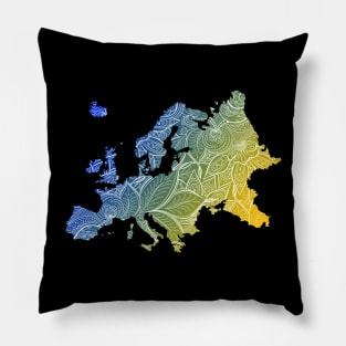 Colorful mandala art map of Europe with text in blue and yellow Pillow