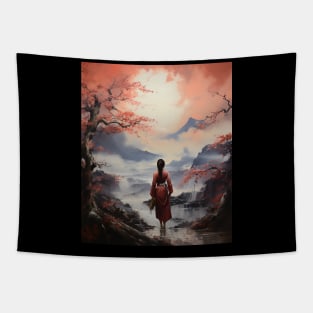 Japanese Sakura Garden Geisha Mount Fuji Cherry Blossom Tapestry