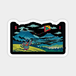 Vintage Japanese Art Kite Flying Mountain Mt. Fuji Cute Cat Magnet