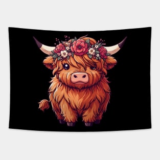 Kawaii scottish highland cow with flower crown Tapestry