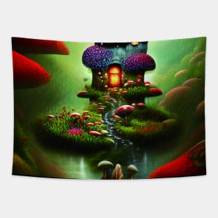 Sparkling Fantasy Cottage And Mushrooms with Lights an Glitter Background in Forest, Scenery Nature Tapestry