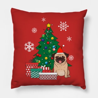 Pug Around The Christmas Tree Pillow