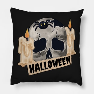 broken skull with candles and spider for Halloween Pillow