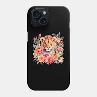 A lion cub decorated with beautiful watercolor flowers Phone Case