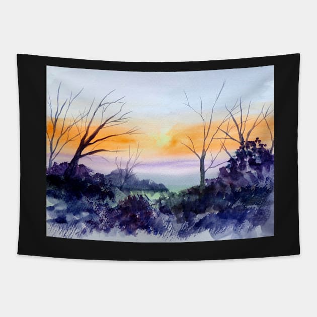 Misty Sunrise Watercolor Painting Tapestry by julyperson