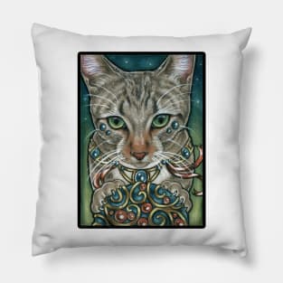 Cosmos Cat with Toy - Black Outlined Design Pillow