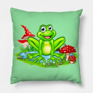 Cute Frog At The Pond And Mushrooms Nature Pillow