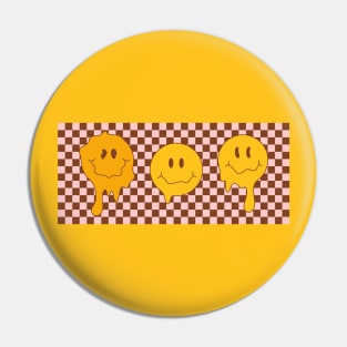 Hippie groovy melting smile faces on checkered background with distorted squares. Psychedelic Melted Smiley Face pattern. Pin