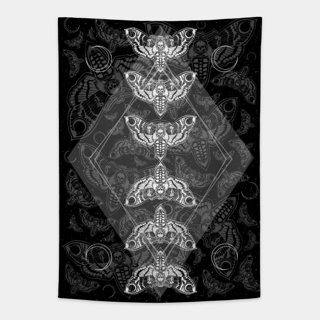 Geometric Night Moths pattern, Gothic Death Moths with Skull Head, Deaths Head Moths, Hawkmoth Tapestry by SSINAMOON COVEN