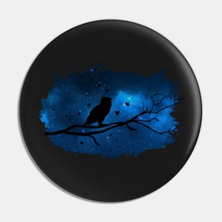 Owl on a tree and galaxy sky (blue) slhouette - Birds lover - Animals lover - Vegan Pin