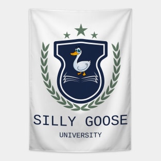 Silly Goose University - Cartoon Goose Blue Emblem With Green Details Tapestry