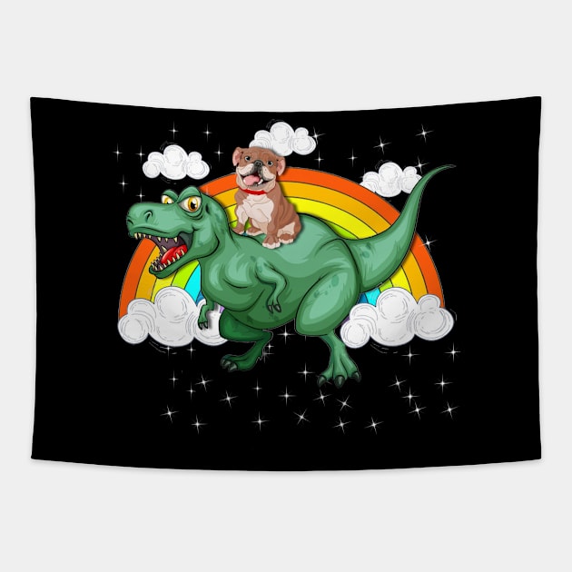 T Rex Dinosaur Riding Bulldog Dog Tapestry by LaurieAndrew